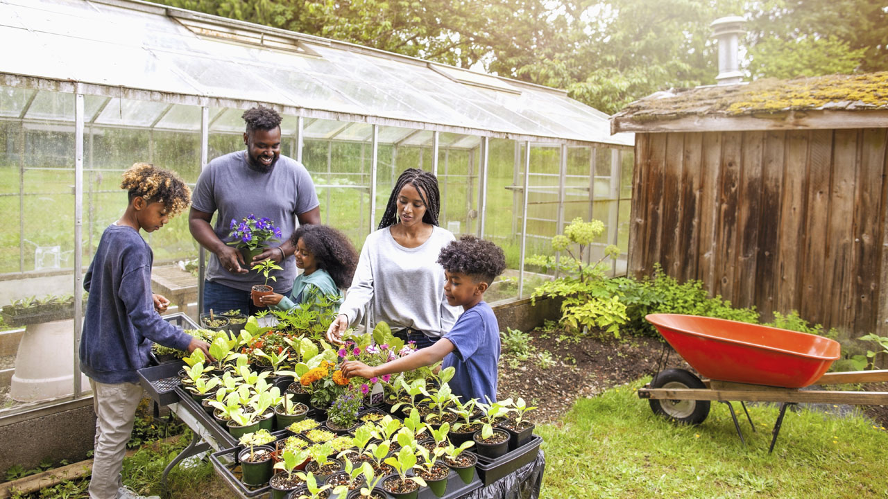 family doing gardening